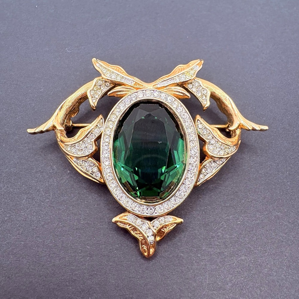 Vintage D.S.Co. Art Deco Brooch Victorian Revival Style Green Crystal Branches
